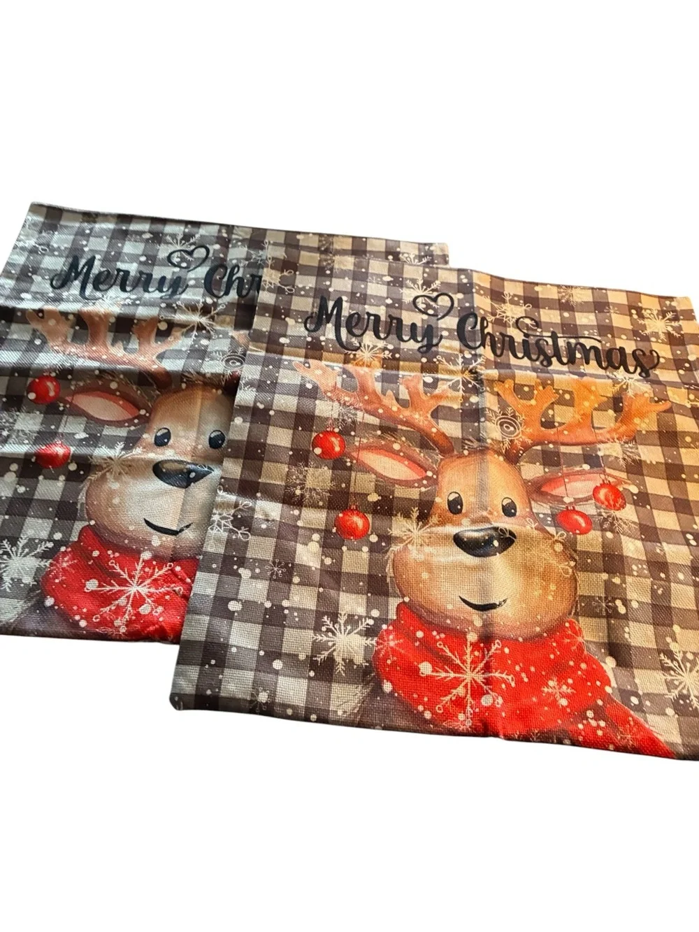 Festive Reindeer Christmas Pillow Covers Red/Brown set 2 17.5 x 17.5 doublesided